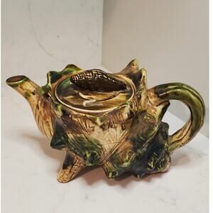 Vintage Japanese Majolica-Style Conch Seashell Teapot Green Brown Glazing